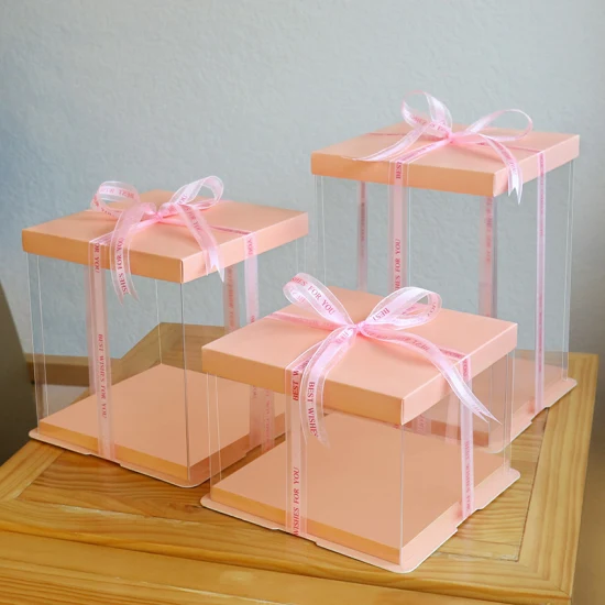 Imballaggio di cupcake in cartone con stampa a colori personalizzata all'ingrosso Imballaggio di scatole a forma di torta di alimenti per dolci da forno in plastica trasparente con copertura bianca pieghevole quadrata trasparente