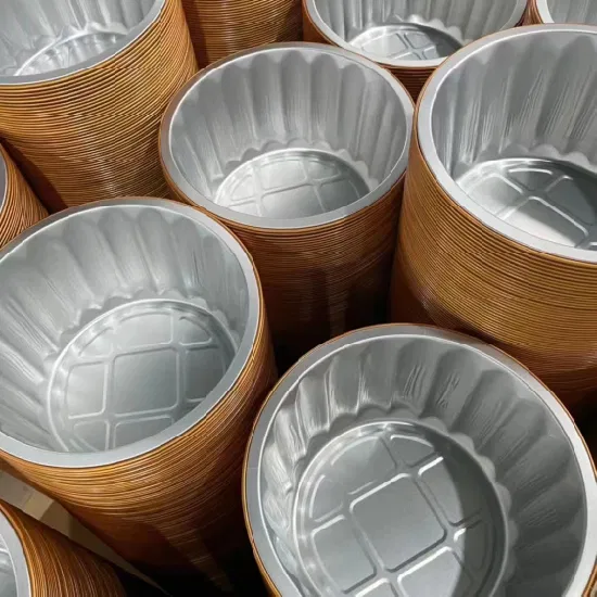 Produzione di imballaggi per contenitori per tazze da forno per torte in foglio di alluminio colorato di forma rotonda da 600 ml